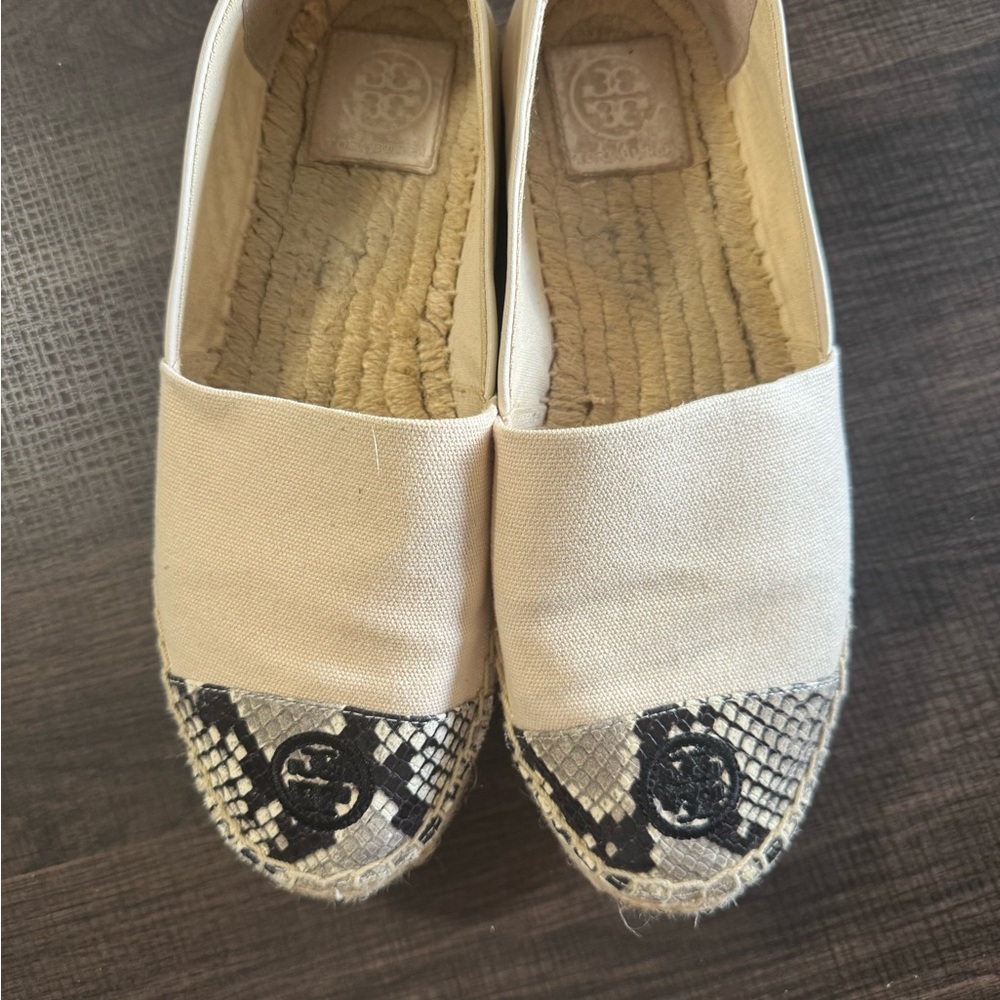 Tory Burch Cream and Black Espadrilles with Decorative Pattern
